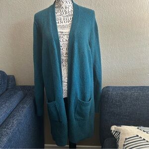 L.L. Bean Long Open Front Cardigan Women  L Blue Long Sleeve Sweater Pocket Wool